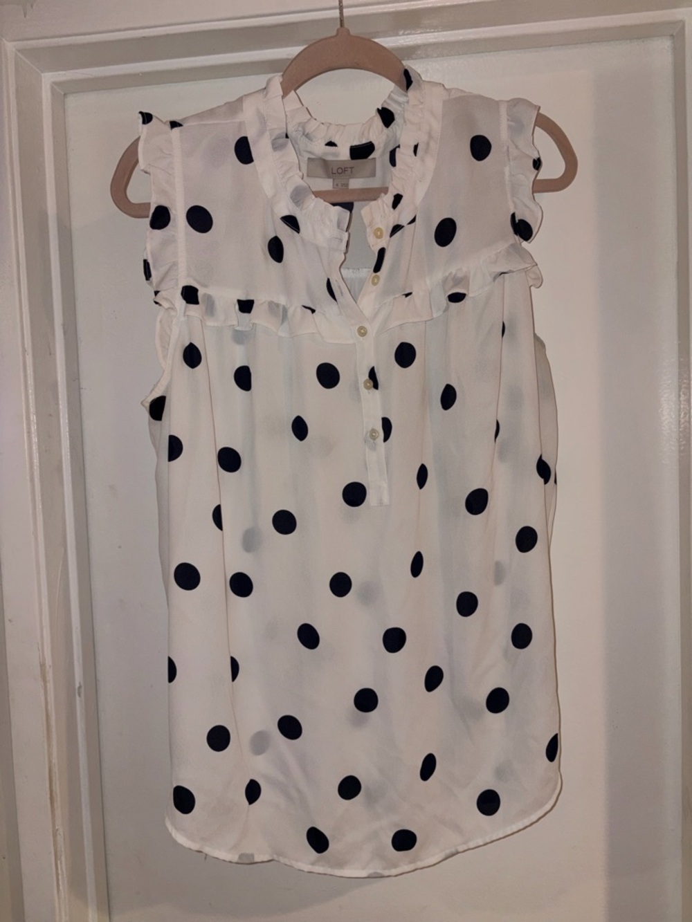 LOFT White Sleeveless Polka Dot Ruffle Neck Shell
